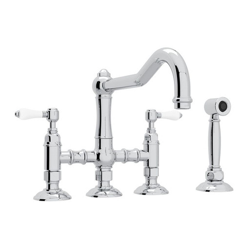 Deck Mount Column Spout 3 Leg Bridge Kitchen Faucet With Sidespray And Porcelain Lever Handle In Polished Chrome Deck Mount Column Spout 3 Leg Bridge Kitchen Faucet With Sidespray And Porcelain Lever Handle In Polished Chrome
