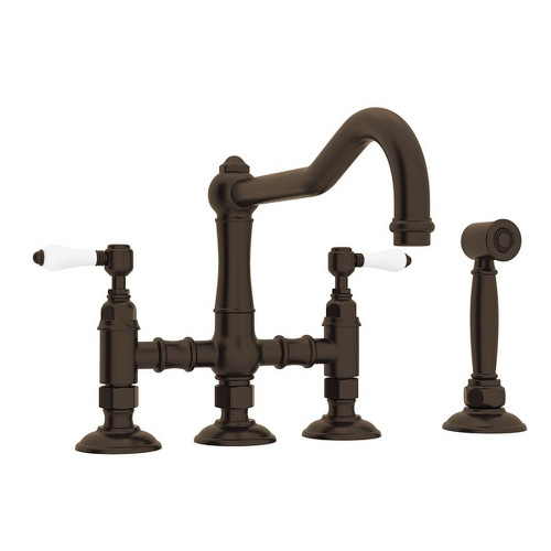 Deck Mount Column Spout 3 Leg Bridge Kitchen Faucet With Sidespray And Porcelain Lever Handle In Tuscan Brass Deck Mount Column Spout 3 Leg Bridge Kitchen Faucet With Sidespray And Porcelain Lever Handle In Tuscan Brass