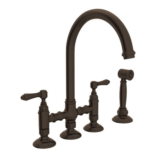 Deck Mount C-Spout 3 Leg Bridge Kitchen Faucet With Sidespray And Metal Lever In Tuscan Brass