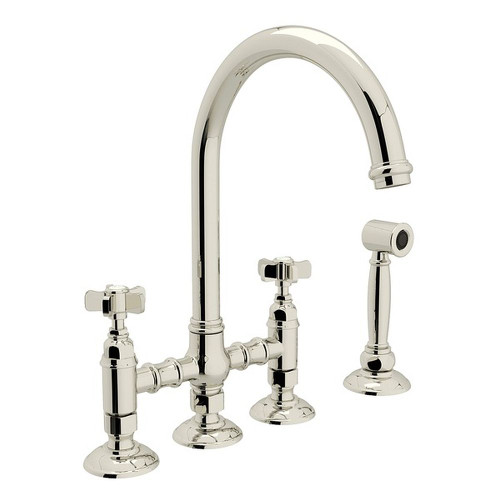 Deck Mount C-Spout 3 Leg Bridge Kitchen Faucet With Sidespray And Five Spoke Handles Sidespray In Polished Nickel Deck Mount C-Spout 3 Leg Bridge Kitchen Faucet With Sidespray And Five Spoke Handles Sidespray In Polished Nickel