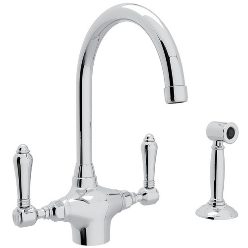 A1676LMWSAPC-2 Single Hole C-Spout Kitchen Faucet With Metal Lever Sidespray In Polished Chrome
