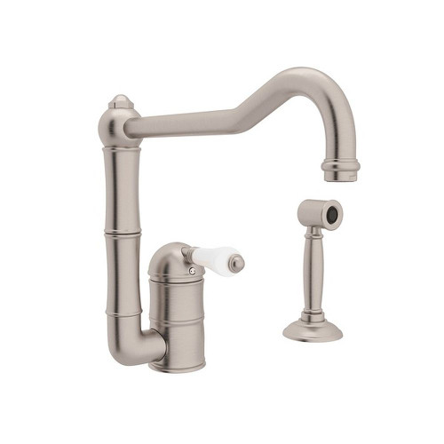 Single Hole Column Spout Kitchen Faucet With 11" Sidespray And Extended Spout With Porcelain Lever Handle In Satin Nickel