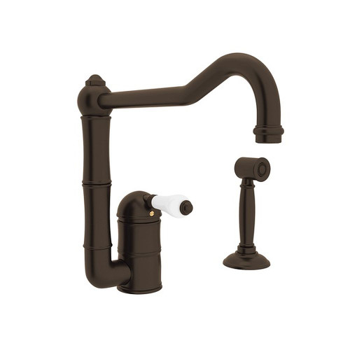 Single Hole Column Spout Kitchen Faucet With 11" Sidespray And Extended Spout With Porcelain Lever Handle In Tuscan Brass Single Hole Column Spout Kitchen Faucet With 11" Sidespray And Extended Spout With Porcelain Lever Handle In Tuscan Brass