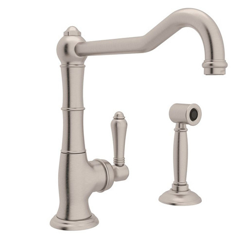 Single Hole Column Spout Kitchen Faucet With Sidespray And Extended Spout With Metal Lever Handle In Satin Nickel Single Hole Column Spout Kitchen Faucet With Sidespray And Extended Spout With Metal Lever Handle In Satin Nickel
