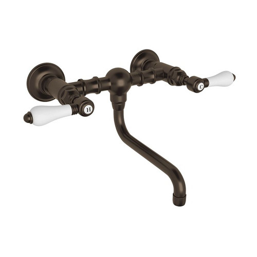 Wall Mount Bridge Lavatory Faucet with Porcelain Levers and Low Swinging Spout in Tuscan Brass
