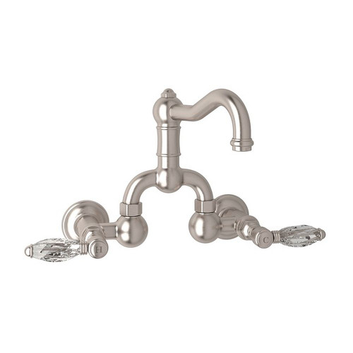 Wall Mount Bridge Lavatory Faucet with Crystal Levers Pop-Up and Column Spout in Satin Nickel Wall Mount Bridge Lavatory Faucet with Crystal Levers Pop-Up and Column Spout in Satin Nickel