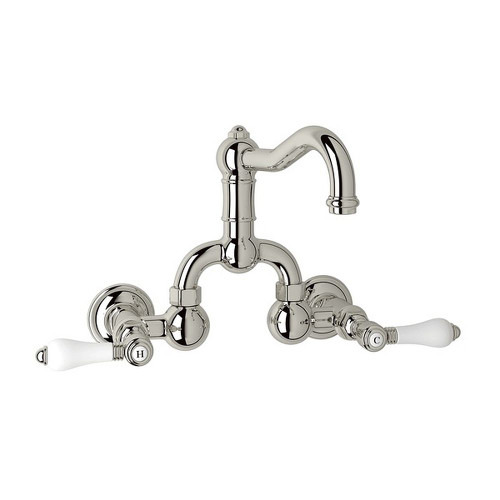 Wall Mount Bridge Lavatory Faucet with Porcelain Levers Pop-Up and Column Spout in Polished Nickel Wall Mount Bridge Lavatory Faucet with Porcelain Levers Pop-Up and Column Spout in Polished Nickel