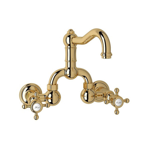 Wall Mount Bridge Lavatory Faucet with Cross Handles Pop-Up and Column Spout in Italian Brass
