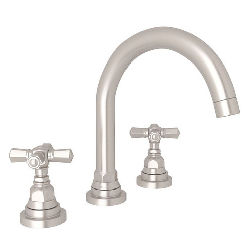 C-Spout Widespread Lavatory Faucet with 8-1/2" Fixed "C" Spout height Cross Handles and Pop-Up in Satin Nickel