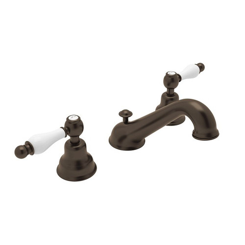 C-Spout Widespread Lavatory Faucet with Ornate White Porcelain Lever in Tuscan Brass C-Spout Widespread Lavatory Faucet with Ornate White Porcelain Lever in Tuscan Brass