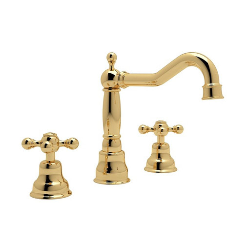 Column Spout Widespread Lavatory Faucet Cross Handles Pop-Up and 7-1/8" Reach Fixed in Italian Brass