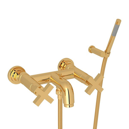 Wall Mount Exposed Tub Set with Cross Handle Handshower in Italian Brass