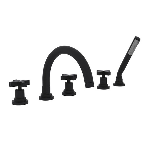 5-Hole Deck Mount Tub Filler with Cross Handle C-Spout in Matte Black