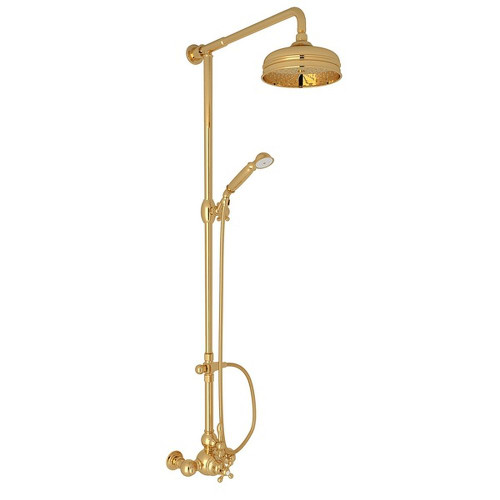 Exposed Wall Mount Thermostatic Shower with Classic Metal Lever and Volume Control in Italian Brass Exposed Wall Mount Thermostatic Shower with Classic Metal Lever and Volume Control in Italian Brass