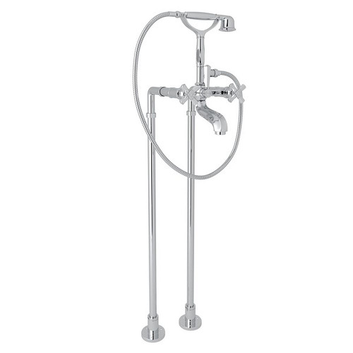 AKIT1901NXMAPC Exposed Floor Mount Tub Filler with Cross Handle Handshower and Floor Pillar Legs or Supply Unions in Polished Chrome