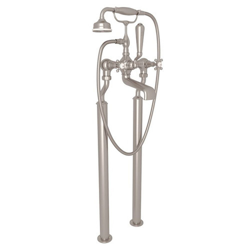 Exposed Floor Mount Tub Filler with Cross Handle Handshower in Satin Nickel Exposed Floor Mount Tub Filler with Cross Handle Handshower in Satin Nickel