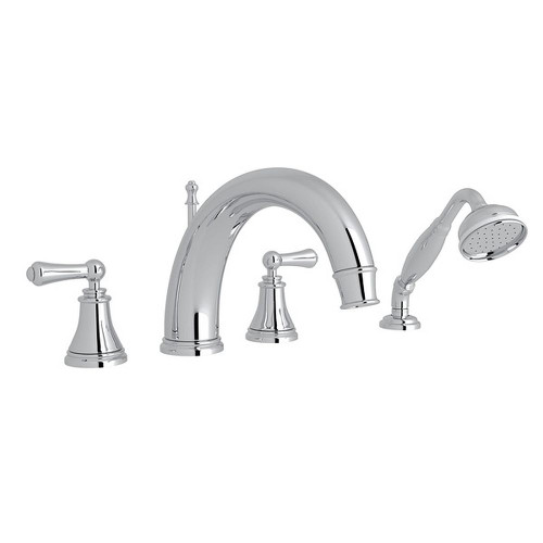 4-Hole Deck Mount C-Spout Tub Filler with Solid Metal Lever Handshower in Polished Chrome