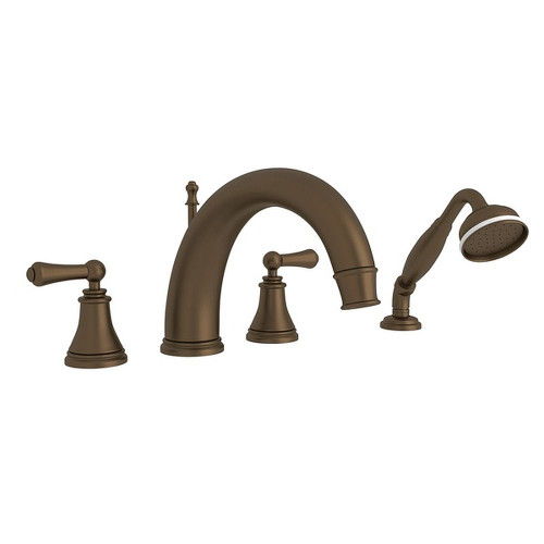 4-Hole Deck Mount C-Spout Tub Filler with Solid Metal Lever Handshower in English Gold
