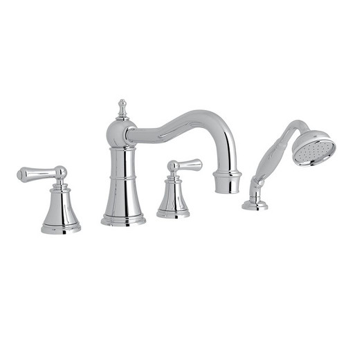 4-Hole Deck Mount Column Spout Tub Filler with Solid Metal Lever Handshower in Polished Chrome