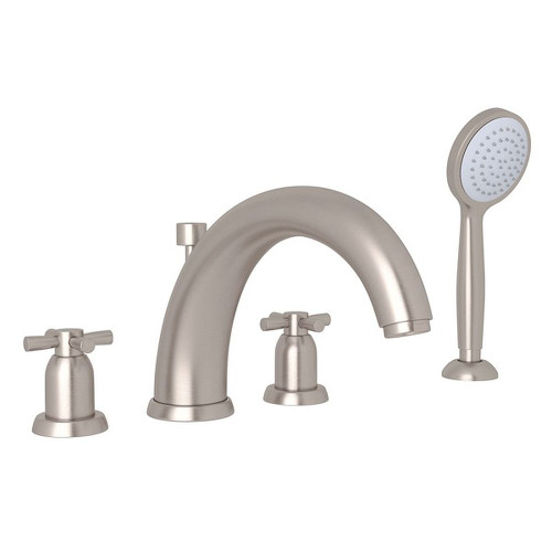 4-Hole Deck Mount Modified C-Spout Bathtub Filler with Cross Handle Handshower in Satin Nickel 4-Hole Deck Mount Modified C-Spout Bathtub Filler with Cross Handle Handshower in Satin Nickel