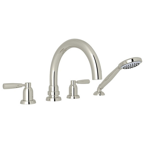 4-Hole Deck Mount Tubular C-Spout Bathtub Filler with Metal Lever Handshower in Polished Nickel 4-Hole Deck Mount Tubular C-Spout Bathtub Filler with Metal Lever Handshower in Polished Nickel