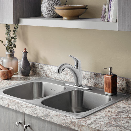33" Double Basin 4-Faucet Holes Kitchen Sink for Drop-In Installations with Drains in Stainless Steel 33" Double Basin 4-Faucet Holes Kitchen Sink for Drop-In Installations with Drains in Stainless Steel