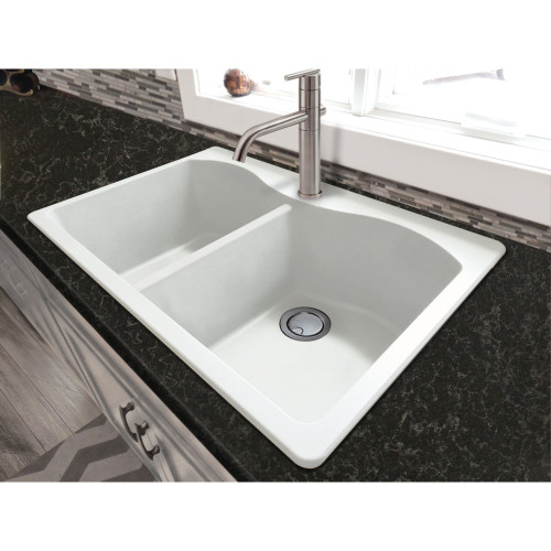 33-in x 22-in x 9.5-in silQ Granite Kitchen Sink with Double Equal bowls, Drop-in Installation with 1 Pre-Drilled Center Faucet Hole, in White 33-in x 22-in x 9.5-in silQ Granite Kitchen Sink with Double Equal bowls, Drop-in Installation with 1 Pre-Drilled Center Faucet Hole, in White