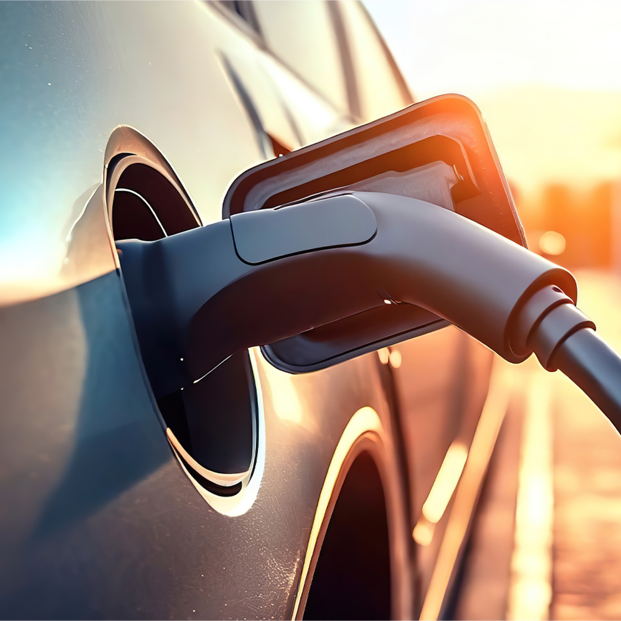 EV charger plugged into gray compact car