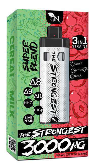 The Strongest 3000 MG" vape in Cereal Apple Jax flavor by A Gift From Nature. Features Δ8, Δ9, Δ10, HHC, THCp, live resin, and 3 strain types