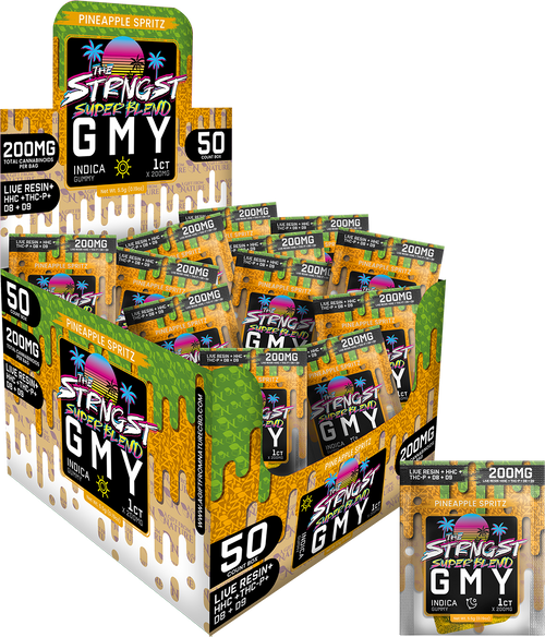 THE STRONGEST GUMMIES Single Package - 50CT - PINEAPPLE SPRITZ - INDICA, featuring 50 indica hemp gummies with 200mg of cannabinoids each, infused with a tropical pineapple flavor.