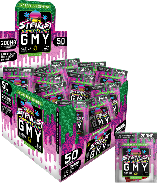 THE STRONGEST GUMMIES Single Package - 50CT - RASPBERRY SUNRISE - SATIVA, featuring 50 sativa hemp gummies with 200mg of cannabinoids each, infused with a tangy raspberry flavor