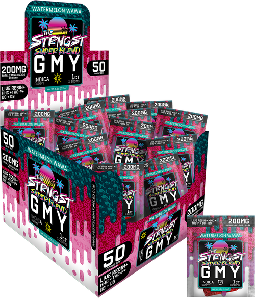 THE STRONGEST GUMMIES Single Package - 50CT - WATERMELON WAWA - INDICA, featuring 50 indica hemp gummies with 200mg of cannabinoids each, infused with a refreshing watermelon flavor