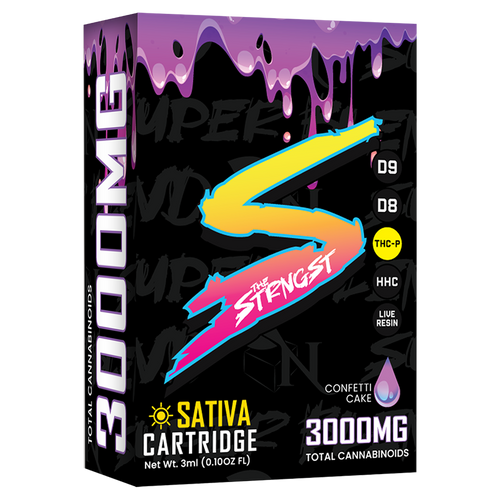 THE STRONGEST Superblend Cartridge packaging by A Gift From Nature, featuring a blend of Delta 8, Delta 9, Live Resin, HHC, and THC-p, with 3000MG cannabinoids in Confetti Cake flavor