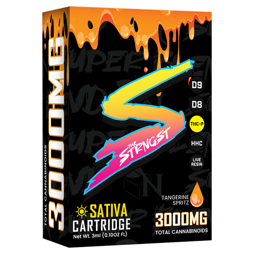 THE STRONGEST Superblend Cartridge by A Gift From Nature, featuring a blend of Delta 8, Delta 9, Live Resin, HHC, and THC-p, with 3000MG cannabinoids in Tangerine Spritz flavor