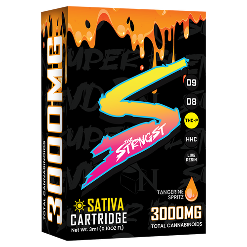 THE STRONGEST Superblend Cartridge by A Gift From Nature, featuring a blend of Delta 8, Delta 9, Live Resin, HHC, and THC-p, with 3000MG cannabinoids in Tangerine Spritz flavor