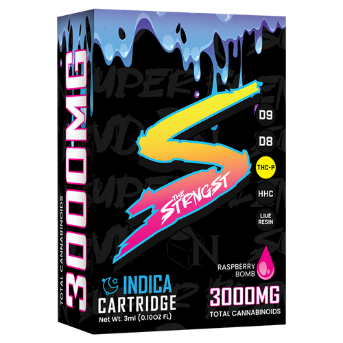 THE STRONGEST Superblend Cartridge by A Gift From Nature, featuring a blend of Delta 8, Delta 9, Live Resin, HHC, and THC-p, with 3000MG cannabinoids in Raspberry Bomb flavor