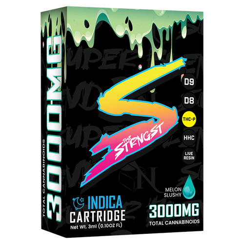 THE STRONGEST Superblend Cartridge by A Gift From Nature, featuring a blend of Delta 8, Delta 9, Live Resin, HHC, and THC-p, with 3000MG cannabinoids in Melon Slushy flavor.