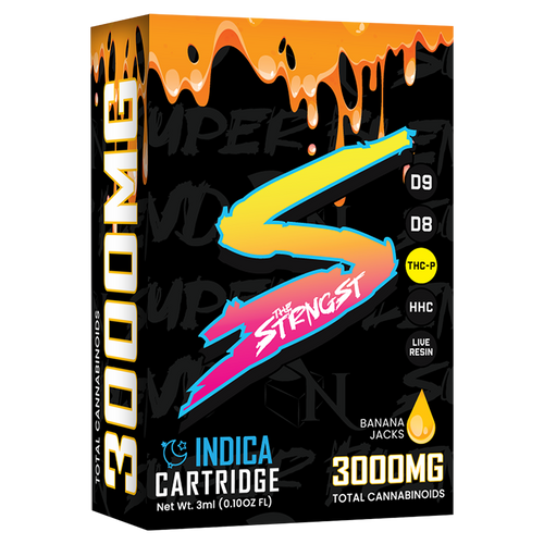 THE STRONGEST Superblend Cartridge by A Gift From Nature, featuring a blend of Delta 8, Delta 9, Live Resin, HHC, and THC-p, with 3000MG cannabinoids in Banana Jacks flavor