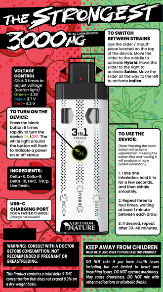 The Strongest 3000 MG" vape in Cereal Apple Jax flavor by A Gift From Nature. Features Δ8, Δ9, Δ10, HHC, THCp, live resin, and 3 strain types package backside The Strongest 3000 MG" vape in Cereal Apple Jax flavor by A Gift From Nature. Features Δ8, Δ9, Δ10, HHC, THCp, live resin, and 3 strain types package backside