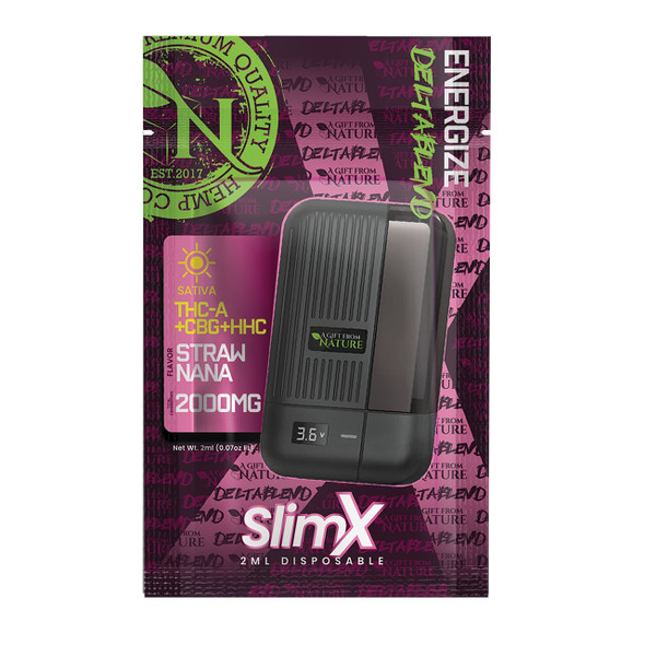 SlimX 2000mg disposable vape packaging showing slim rechargeable USB-C device, flavor name, cannabinoid blend, and product information
