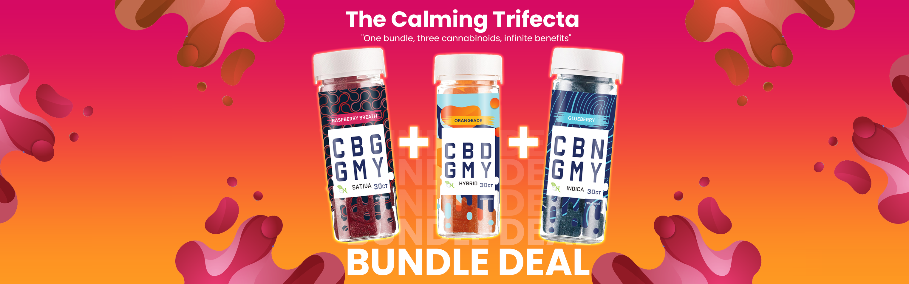Promotional banner for The Calming Trifecta, offering a bundle deal with three labeled jars of cannabinoid gummies. Each jar represents a different variant: 'Raspberry Breath' with CBG, 'Orangenade' with CBD, and 'Glueberry' with CBN.