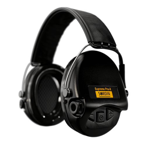 Sordin Supreme Pro-X Electronic Earmuffs with Black Cups and Black Leather Headband.  75302-X/L-02-S