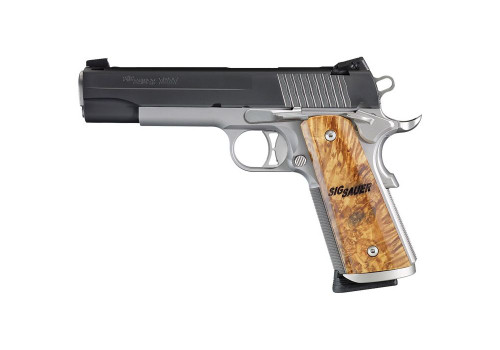 Sig Sauer 1911 STX 45 ACP Full Size Pistol with Sig Night sights, burled maple Grips and Stainless frame.  1911-45-STX