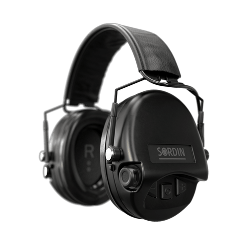 Sordin Supreme Mil AUX-3B SFA Electronic Earmuff with Leather Headband and BLack cups. 74508-05-S