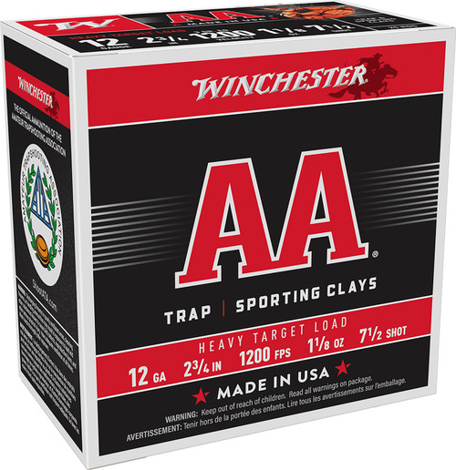 Winchester AA Heavy Target Load 12 Gauge 2.75" 1  1/8oz 7.5 Shot shotgun shells.  AAM127