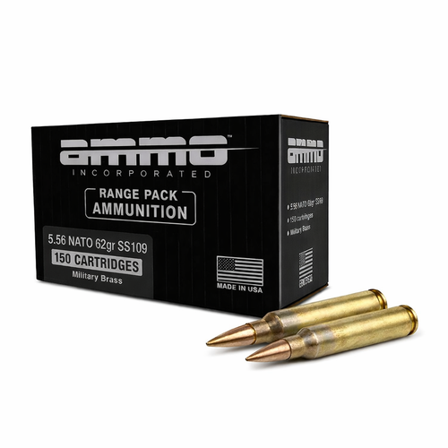 Ammo Inc. 5.56 NATO 62gr SS109 150rd Range Pack (556062SS109-MS150). Features M855 steel-core penetrator bullet.