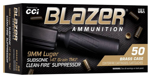 CCI Blazer Brass Suppressor 9mm 147gr Clean-Fire TMJ Subsonic Ammo.  5203S