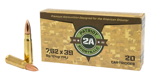 Patriot Sports 7.62x39 124gr FMJ ammo (850053775161). Non-corrosive, reliable range ammunition for AK-47 & SKS rifles. Buy at Recoil Gunworks!