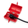 Small Plug Lockout Device, Recycled Plastic - shown open with a plug and cord inside