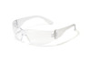 Clear frameless safety glasses with integrated nose piece, angled front view